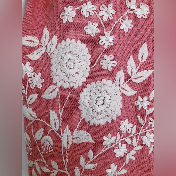 Vintage 90s Embroidered Floral Cardigan Knit Top / 90s Pink Sweater Cottagecore - Picture 4 of 5